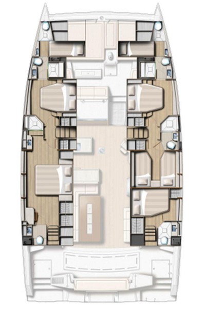 Deck plan of the Bali 5.4 catamaran Ocean Lounge showing five ensuite guest cabins and separate crew quarters